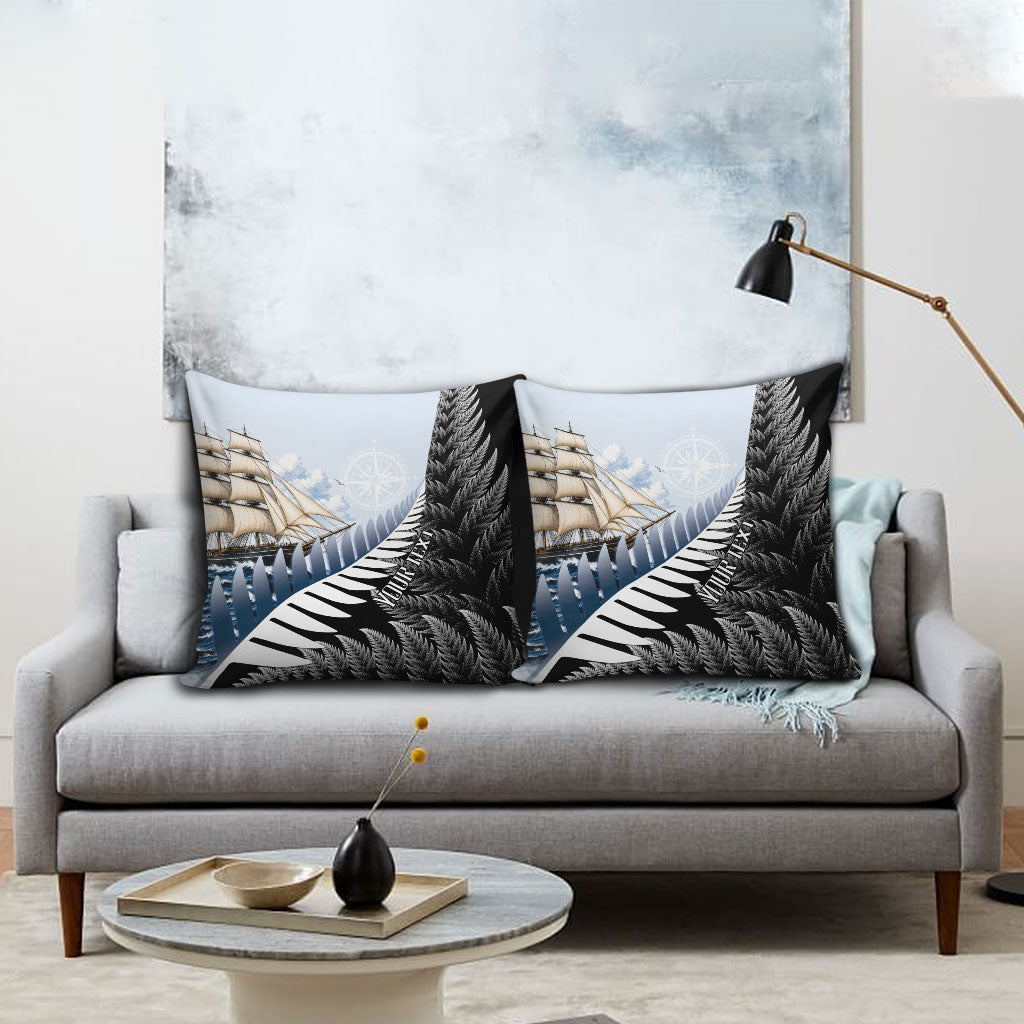 Personalised New Zealand Pakeha Pillow Cover Kiwi Silver Fern and Sailing Ship Compass