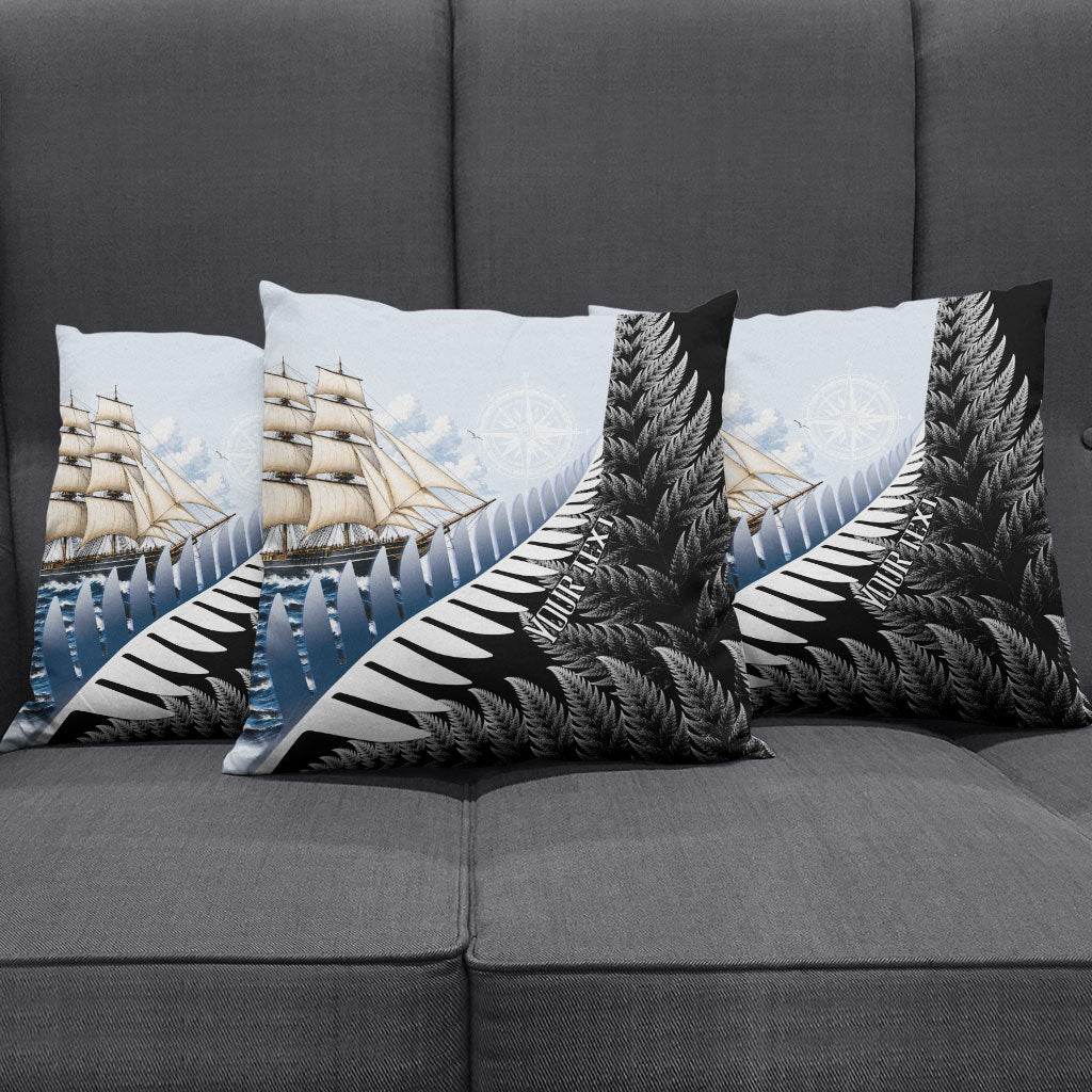 Personalised New Zealand Pakeha Pillow Cover Kiwi Silver Fern and Sailing Ship Compass