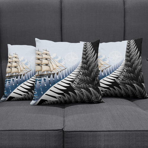 Personalised New Zealand Pakeha Pillow Cover Kiwi Silver Fern and Sailing Ship Compass