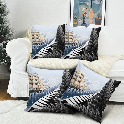 Personalised New Zealand Pakeha Pillow Cover Kiwi Silver Fern and Sailing Ship Compass