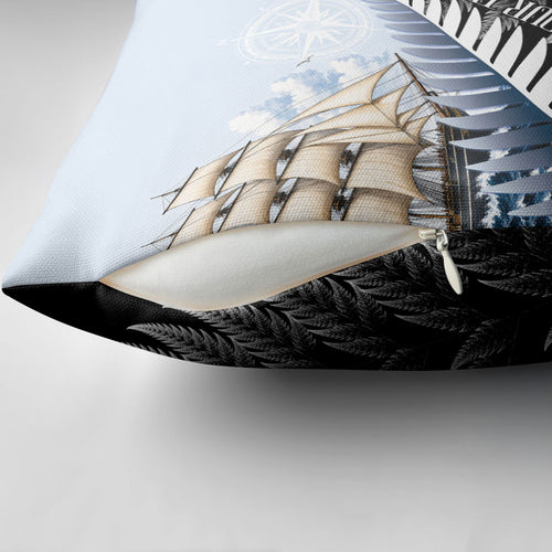 Personalised New Zealand Pakeha Pillow Cover Kiwi Silver Fern and Sailing Ship Compass