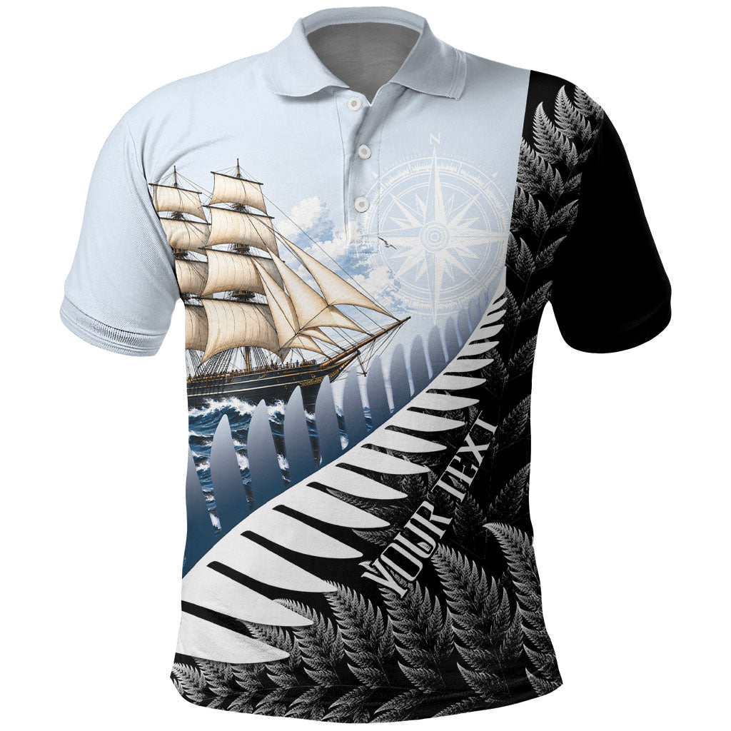 Personalised New Zealand Pakeha Polo Shirt Kiwi Silver Fern and Sailing Ship Compass