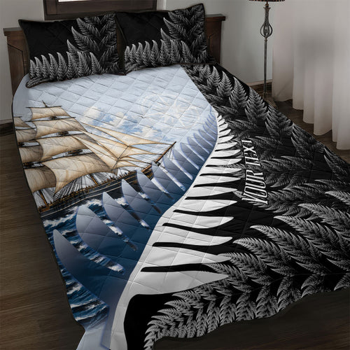 Personalised New Zealand Pakeha Quilt Bed Set Kiwi Silver Fern and Sailing Ship Compass