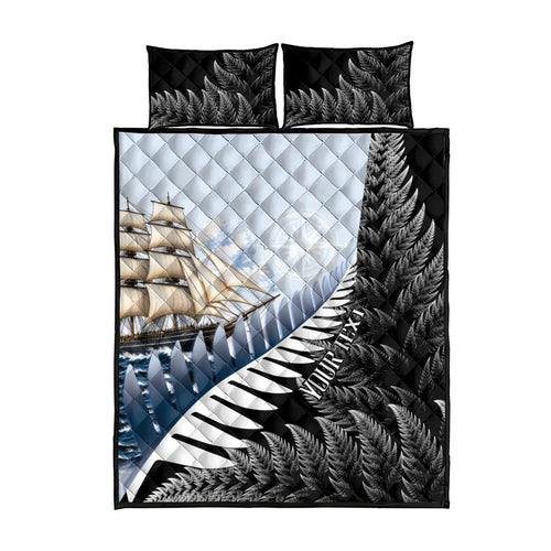 Personalised New Zealand Pakeha Quilt Bed Set Kiwi Silver Fern and Sailing Ship Compass