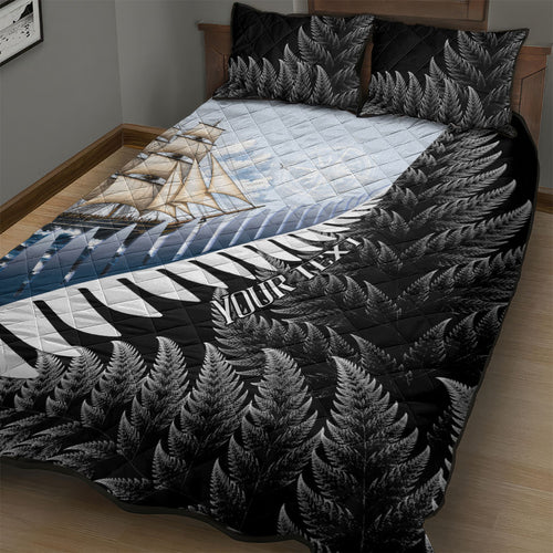 Personalised New Zealand Pakeha Quilt Bed Set Kiwi Silver Fern and Sailing Ship Compass