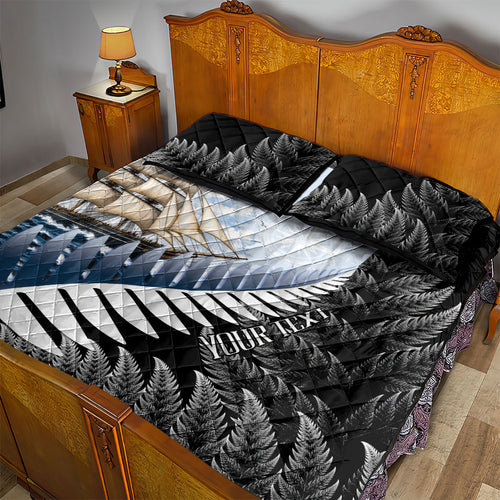 Personalised New Zealand Pakeha Quilt Bed Set Kiwi Silver Fern and Sailing Ship Compass