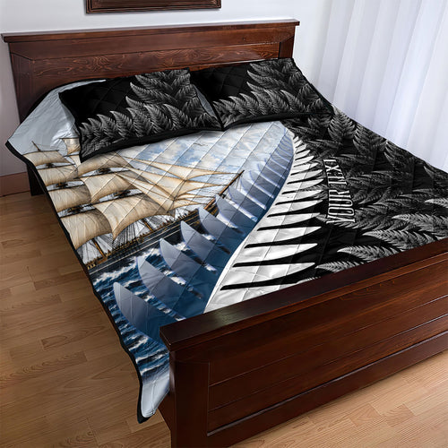 Personalised New Zealand Pakeha Quilt Bed Set Kiwi Silver Fern and Sailing Ship Compass