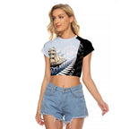 Personalised New Zealand Pakeha Raglan Cropped T Shirt Kiwi Silver Fern and Sailing Ship Compass