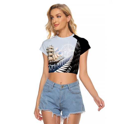 Personalised New Zealand Pakeha Raglan Cropped T Shirt Kiwi Silver Fern and Sailing Ship Compass
