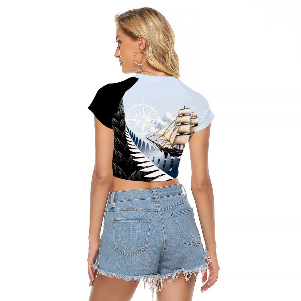 Personalised New Zealand Pakeha Raglan Cropped T Shirt Kiwi Silver Fern and Sailing Ship Compass
