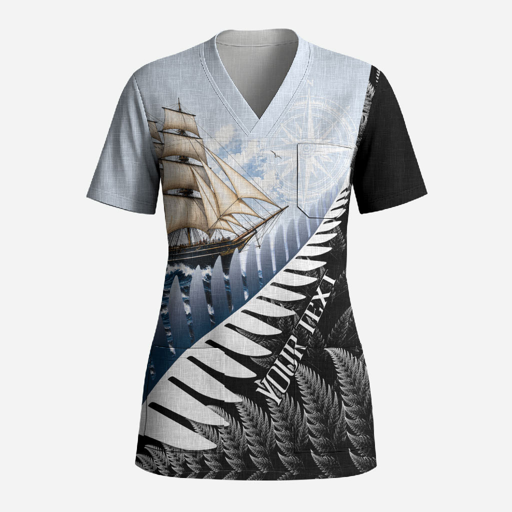 Personalised New Zealand Pakeha Scrub Top Kiwi Silver Fern and Sailing Ship Compass
