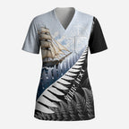 Personalised New Zealand Pakeha Scrub Top Kiwi Silver Fern and Sailing Ship Compass