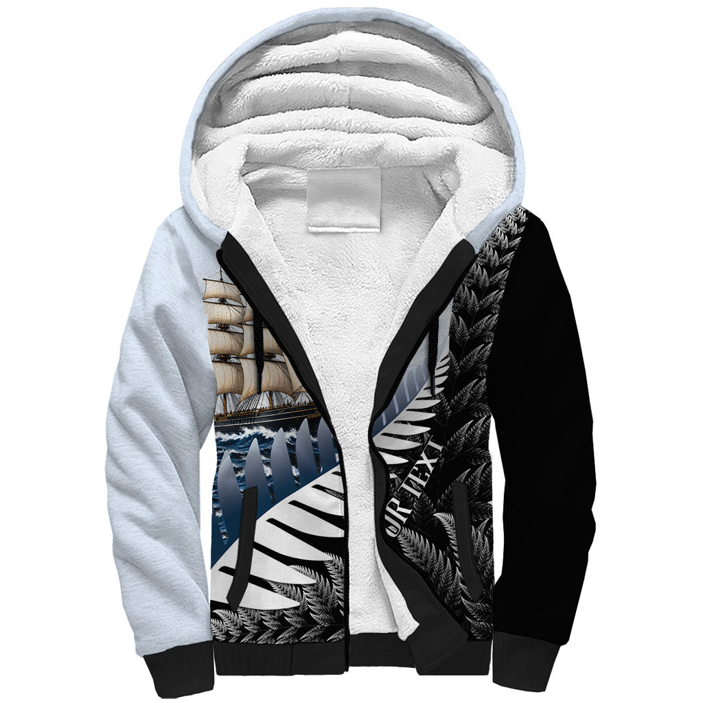 Personalised New Zealand Pakeha Sherpa Hoodie Kiwi Silver Fern and Sailing Ship Compass