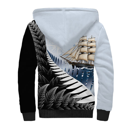 Personalised New Zealand Pakeha Sherpa Hoodie Kiwi Silver Fern and Sailing Ship Compass
