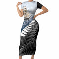 Personalised New Zealand Pakeha Short Sleeve Bodycon Dress Kiwi Silver Fern and Sailing Ship Compass
