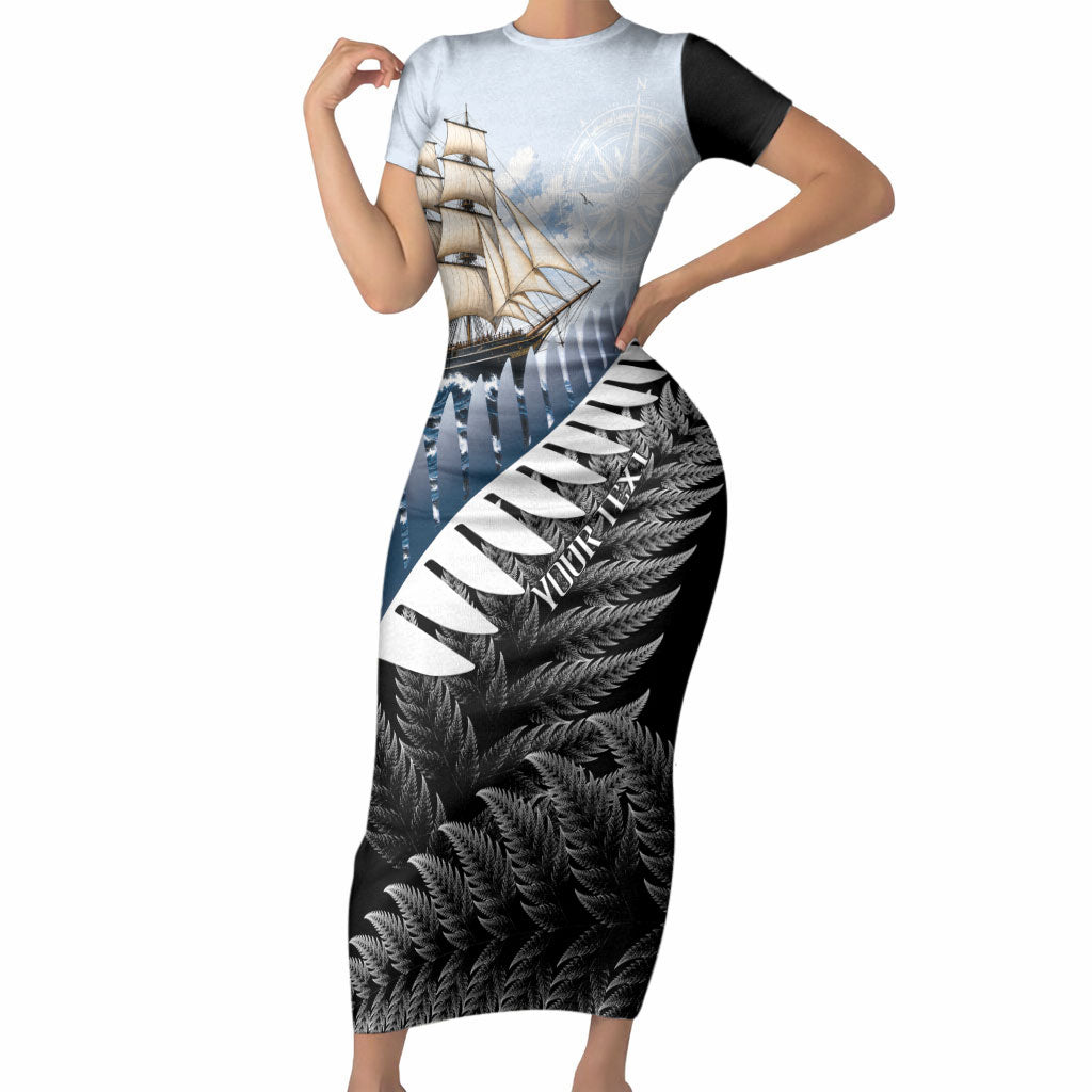 Personalised New Zealand Pakeha Short Sleeve Bodycon Dress Kiwi Silver Fern and Sailing Ship Compass