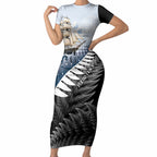 Personalised New Zealand Pakeha Short Sleeve Bodycon Dress Kiwi Silver Fern and Sailing Ship Compass