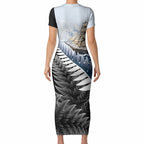 Personalised New Zealand Pakeha Short Sleeve Bodycon Dress Kiwi Silver Fern and Sailing Ship Compass