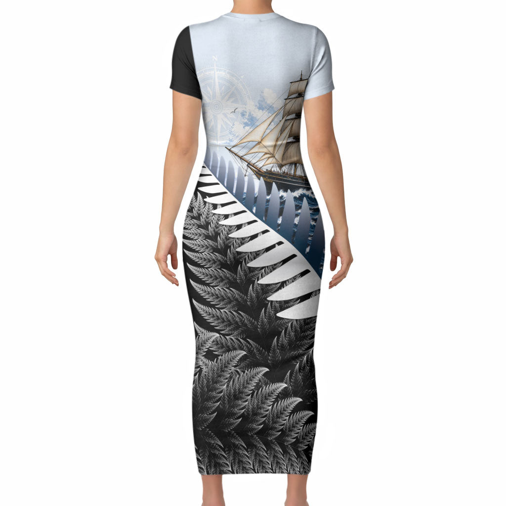 Personalised New Zealand Pakeha Short Sleeve Bodycon Dress Kiwi Silver Fern and Sailing Ship Compass