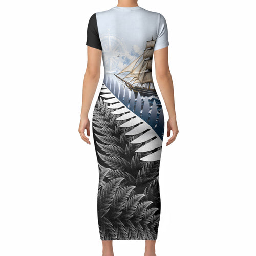 Personalised New Zealand Pakeha Short Sleeve Bodycon Dress Kiwi Silver Fern and Sailing Ship Compass
