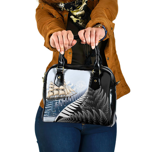 Personalised New Zealand Pakeha Shoulder Handbag Kiwi Silver Fern and Sailing Ship Compass