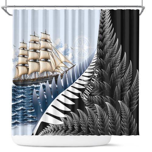 Personalised New Zealand Pakeha Shower Curtain Kiwi Silver Fern and Sailing Ship Compass