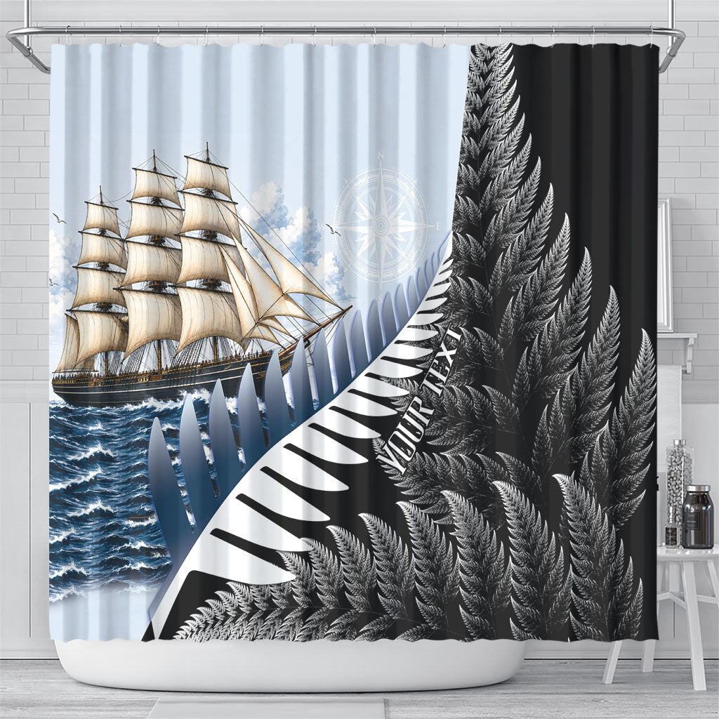 Personalised New Zealand Pakeha Shower Curtain Kiwi Silver Fern and Sailing Ship Compass