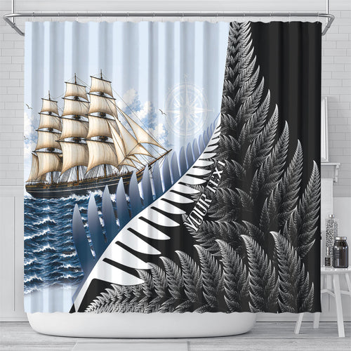 Personalised New Zealand Pakeha Shower Curtain Kiwi Silver Fern and Sailing Ship Compass