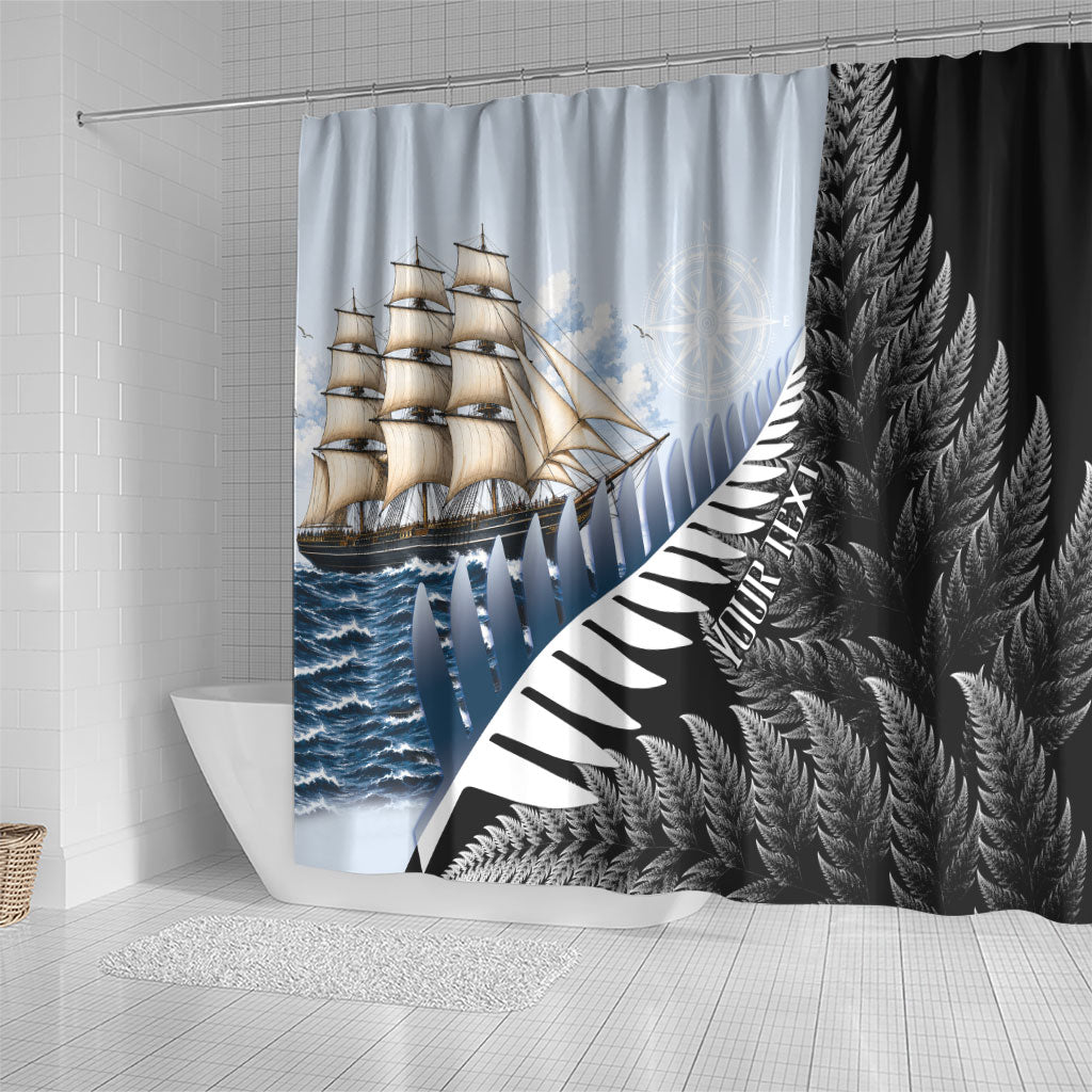 Personalised New Zealand Pakeha Shower Curtain Kiwi Silver Fern and Sailing Ship Compass