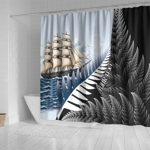 Personalised New Zealand Pakeha Shower Curtain Kiwi Silver Fern and Sailing Ship Compass