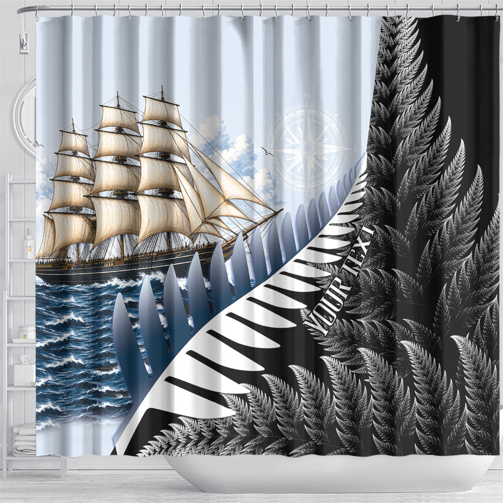 Personalised New Zealand Pakeha Shower Curtain Kiwi Silver Fern and Sailing Ship Compass