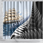 Personalised New Zealand Pakeha Shower Curtain Kiwi Silver Fern and Sailing Ship Compass