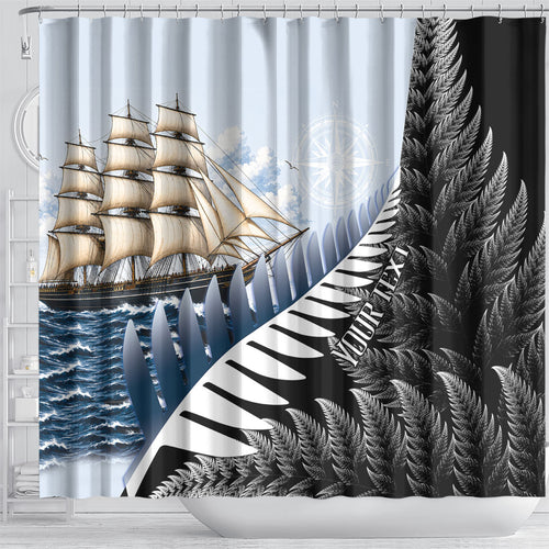 Personalised New Zealand Pakeha Shower Curtain Kiwi Silver Fern and Sailing Ship Compass