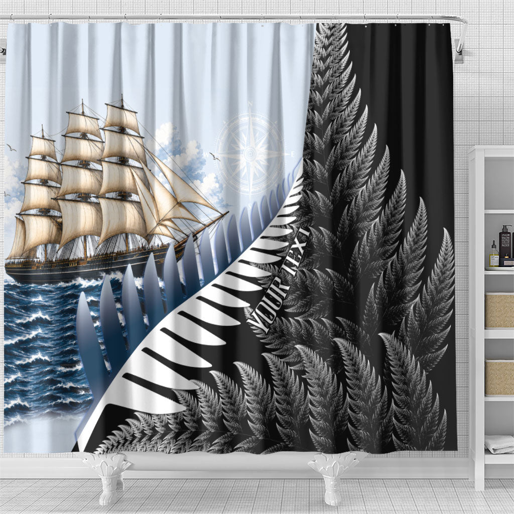Personalised New Zealand Pakeha Shower Curtain Kiwi Silver Fern and Sailing Ship Compass