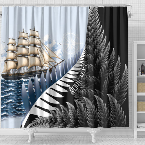 Personalised New Zealand Pakeha Shower Curtain Kiwi Silver Fern and Sailing Ship Compass