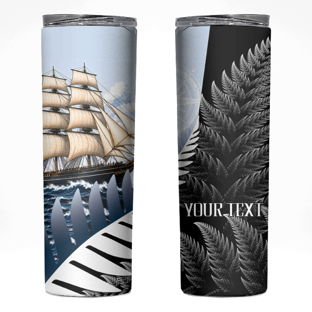 Personalised New Zealand Pakeha Skinny Tumbler Kiwi Silver Fern and Sailing Ship Compass