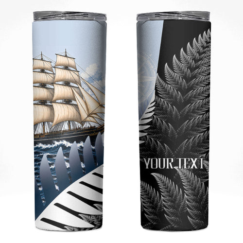 Personalised New Zealand Pakeha Skinny Tumbler Kiwi Silver Fern and Sailing Ship Compass