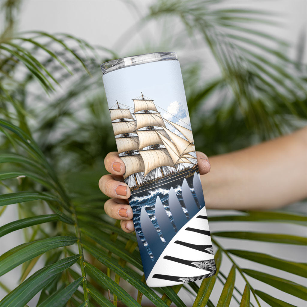 Personalised New Zealand Pakeha Skinny Tumbler Kiwi Silver Fern and Sailing Ship Compass