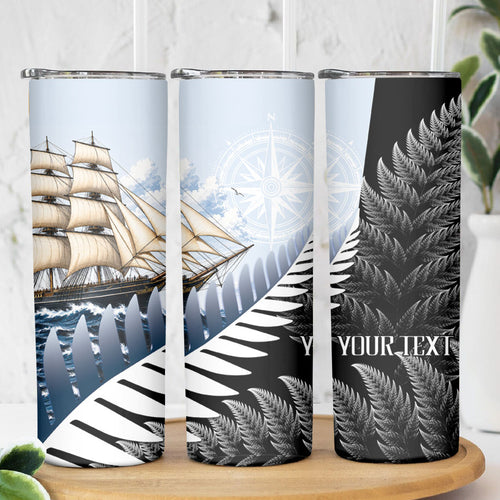 Personalised New Zealand Pakeha Skinny Tumbler Kiwi Silver Fern and Sailing Ship Compass