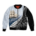 Personalised New Zealand Pakeha Sleeve Zip Bomber Jacket Kiwi Silver Fern and Sailing Ship Compass