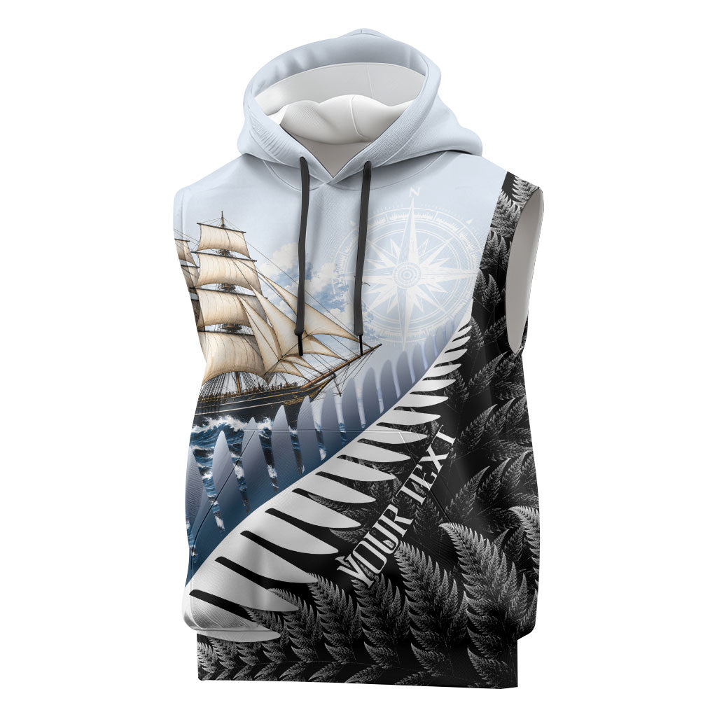 Personalised New Zealand Pakeha Sleeveless Hoodie Kiwi Silver Fern and Sailing Ship Compass