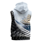 Personalised New Zealand Pakeha Sleeveless Hoodie Kiwi Silver Fern and Sailing Ship Compass
