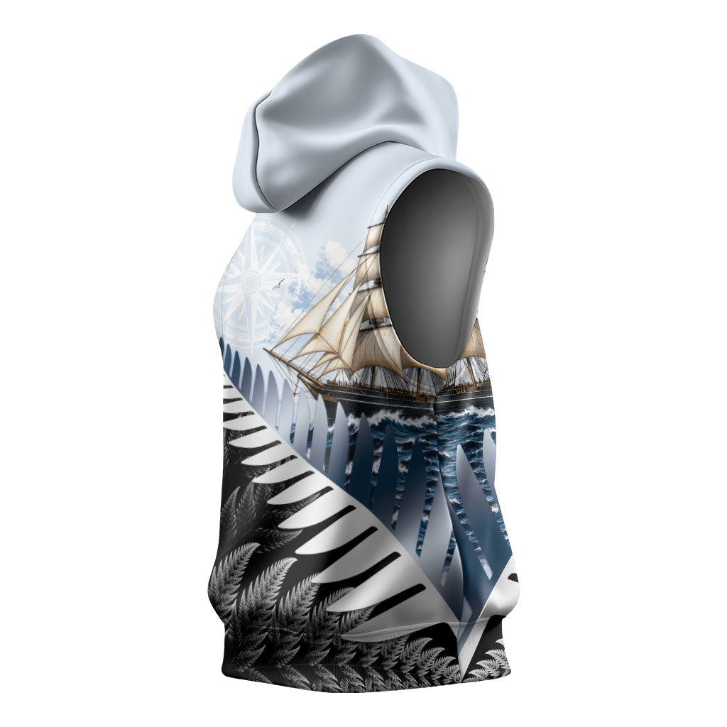 Personalised New Zealand Pakeha Sleeveless Hoodie Kiwi Silver Fern and Sailing Ship Compass