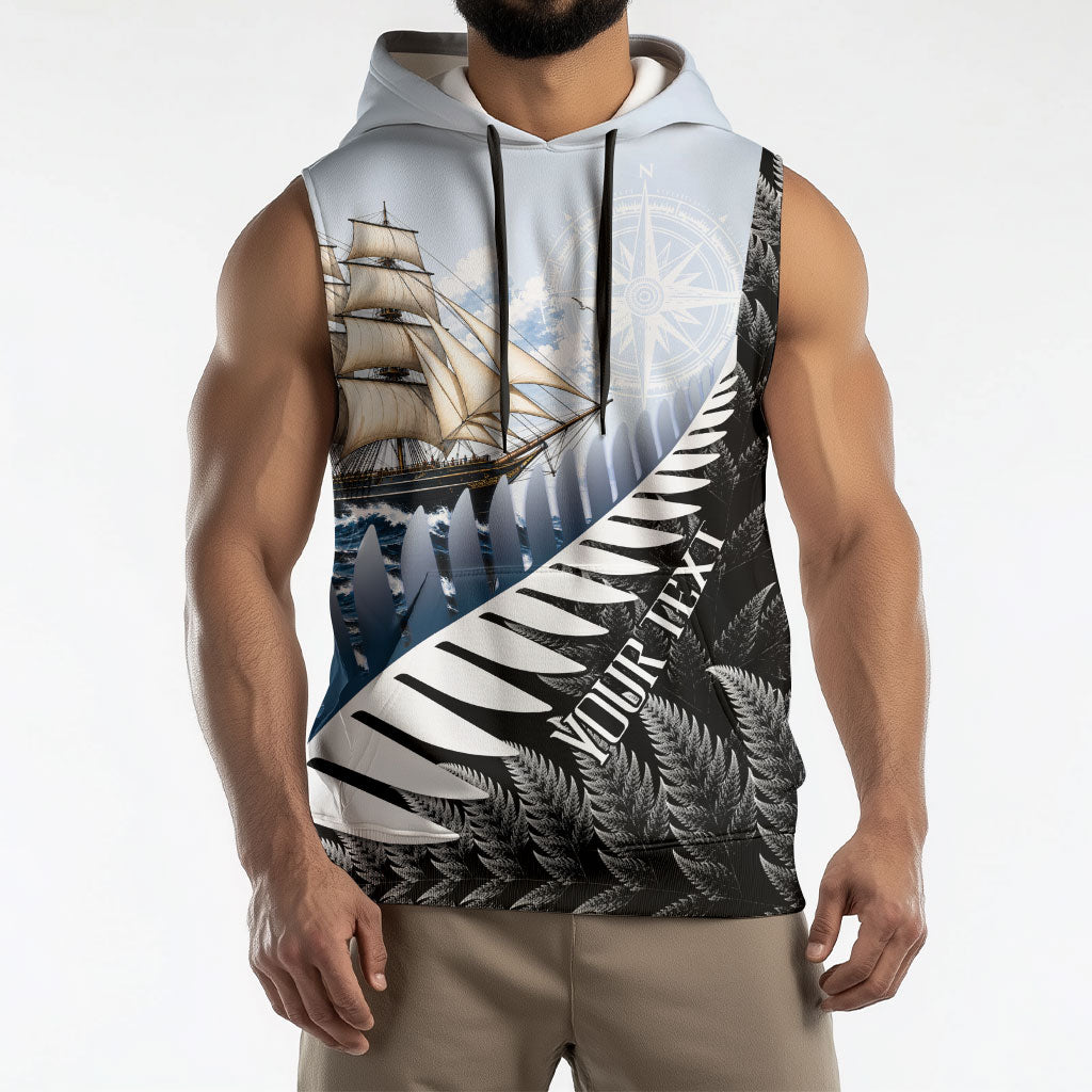 Personalised New Zealand Pakeha Sleeveless Hoodie Kiwi Silver Fern and Sailing Ship Compass