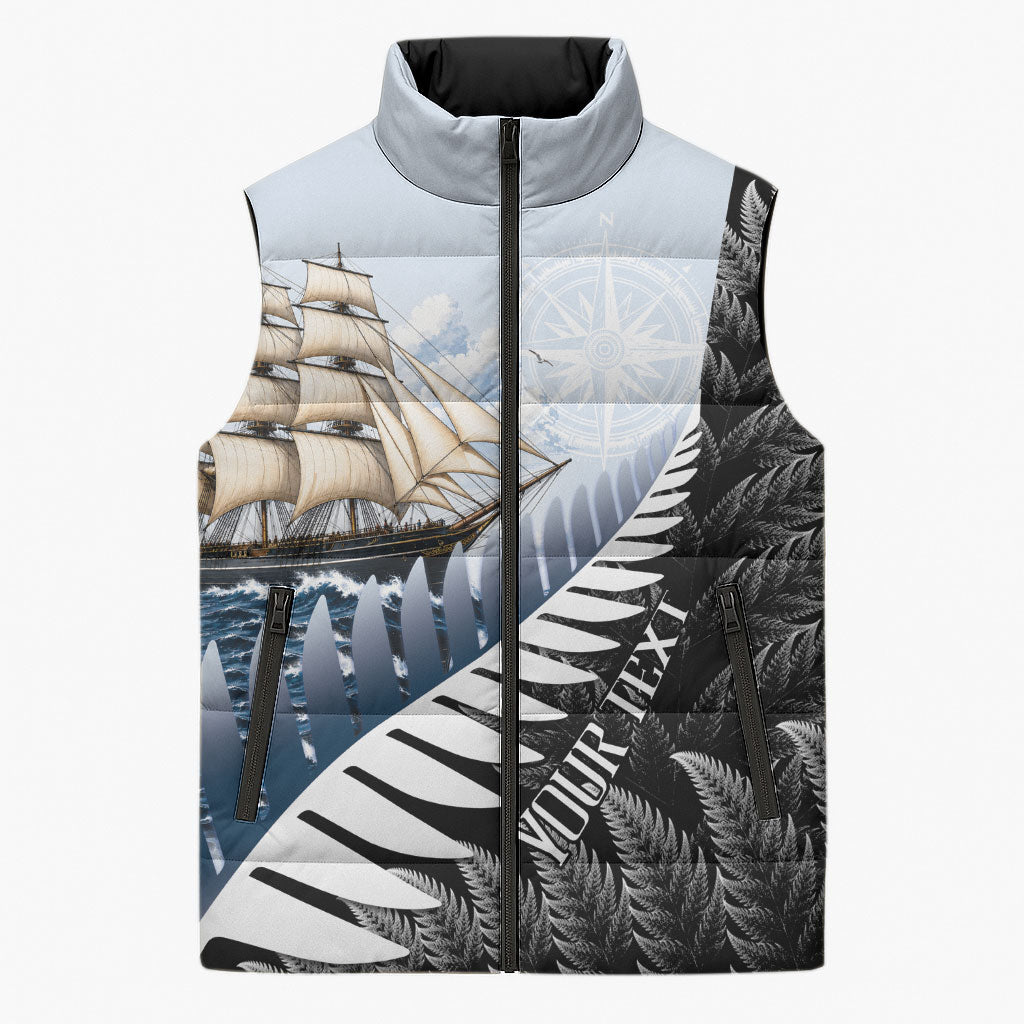 Personalised New Zealand Pakeha Sleeveless Puffer Jacket Kiwi Silver Fern and Sailing Ship Compass