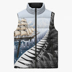 Personalised New Zealand Pakeha Sleeveless Puffer Jacket Kiwi Silver Fern and Sailing Ship Compass