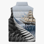 Personalised New Zealand Pakeha Sleeveless Puffer Jacket Kiwi Silver Fern and Sailing Ship Compass