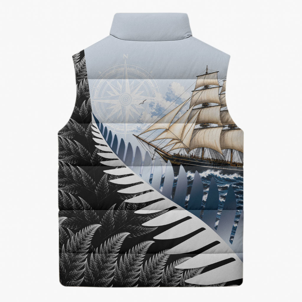 Personalised New Zealand Pakeha Sleeveless Puffer Jacket Kiwi Silver Fern and Sailing Ship Compass