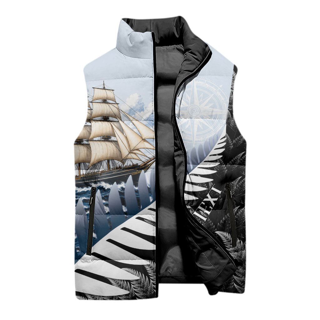 Personalised New Zealand Pakeha Sleeveless Puffer Jacket Kiwi Silver Fern and Sailing Ship Compass