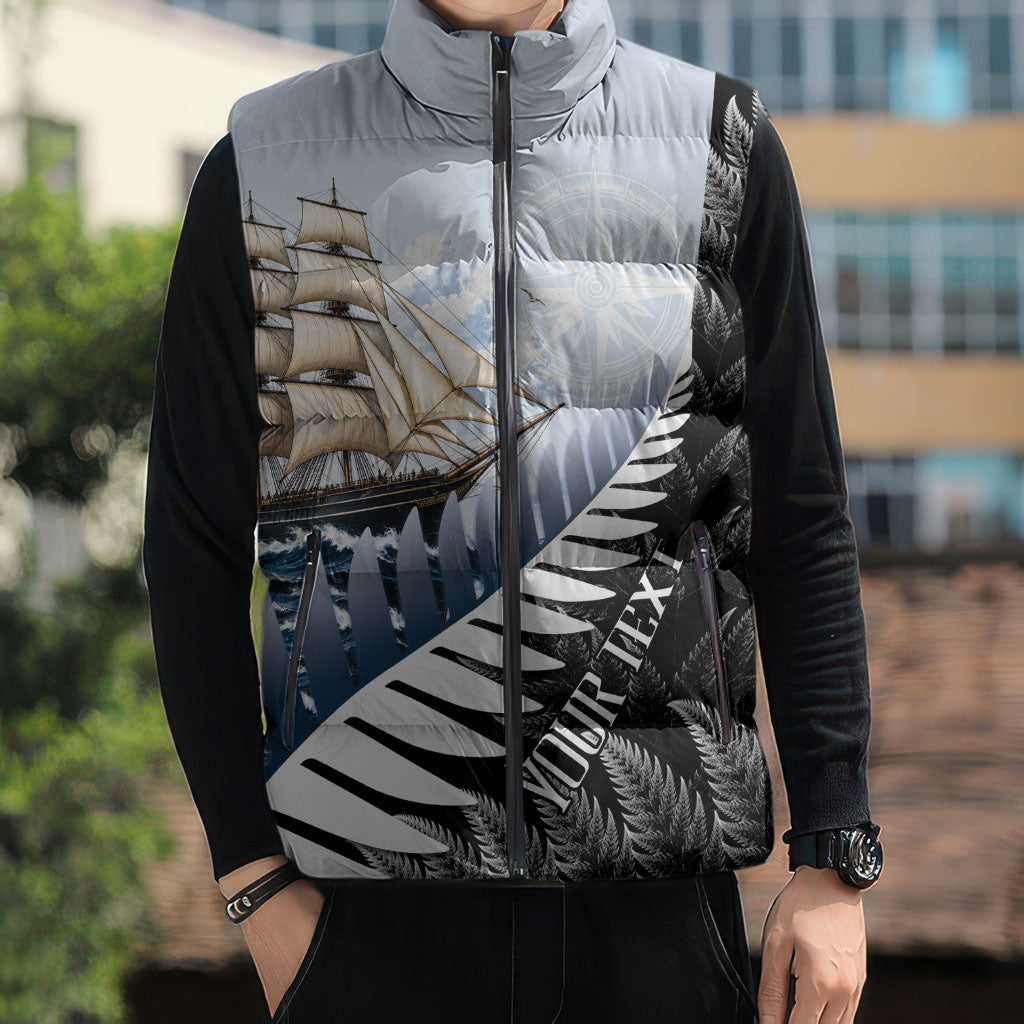 Personalised New Zealand Pakeha Sleeveless Puffer Jacket Kiwi Silver Fern and Sailing Ship Compass
